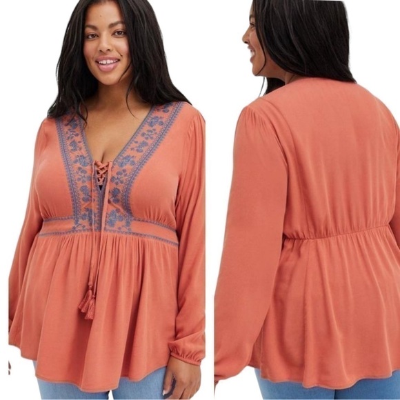 Torrid Babydoll Rayon Crepe Embroidered Lace-Up Top in Redwood - Picture 2 of 6